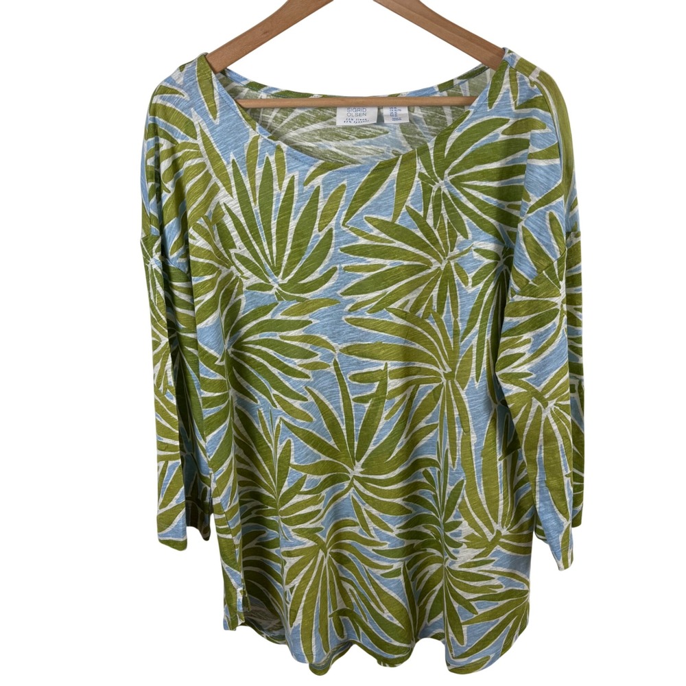 Sigrid Olsen Top XL Blue Green Linen Lyocell Palm Leaf Tropical 3/4 Sleeve Tee